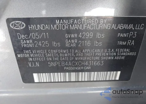 2012 Hyundai Sonata Gls z USA, uszkodzony, nr VIN 5NPEB4ACXCH431663